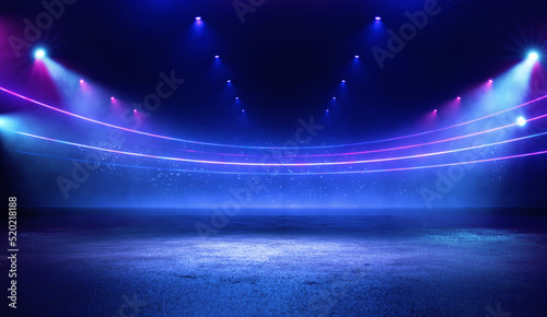 Computer graphic of modern sports arena with neon lights photo