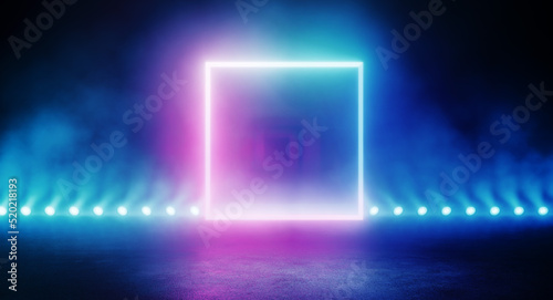 Neon showroom with shining square form portal and light beams up to tunnel background. Cube futuristic neon form window background