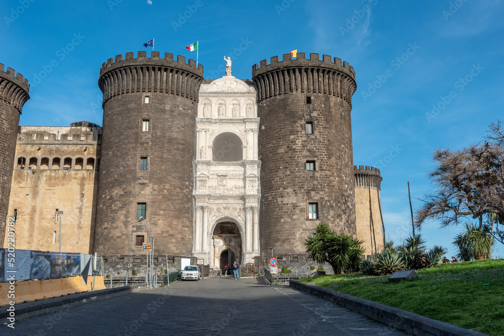 Iconic mediaeval fortress Castel Nuovo in downtown Naples, Italy