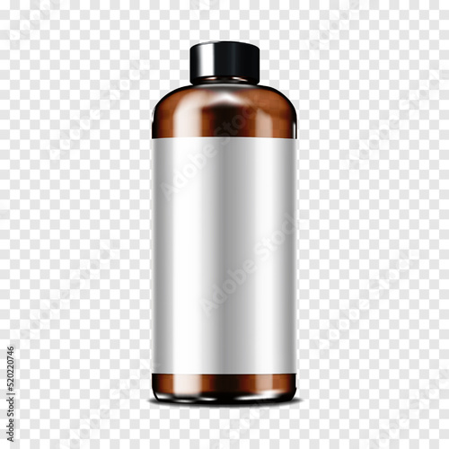 Dark brown clear glass or plastic large cylindrical bottle with black screw cap and white blank label on transparent background. Realistic vector mockup. Template for design