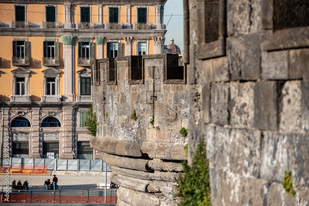 Iconic mediaeval fortress Castel Nuovo in downtown Naples, Italy
