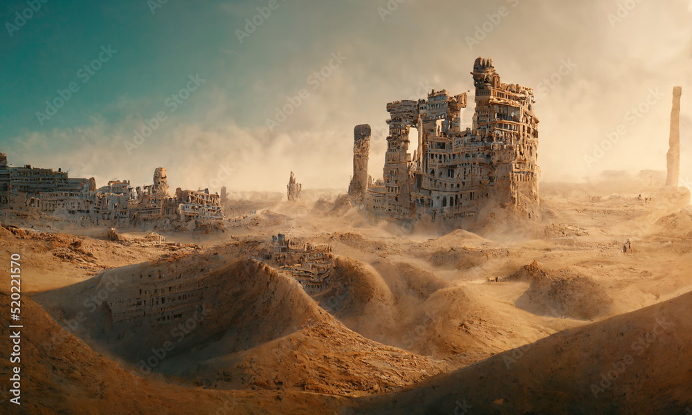 Ancient lost city rise from dunes  in desert, digital art background - obrazy, fototapety, plakaty 