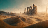 Ancient lost city rise from dunes in desert, digital art background