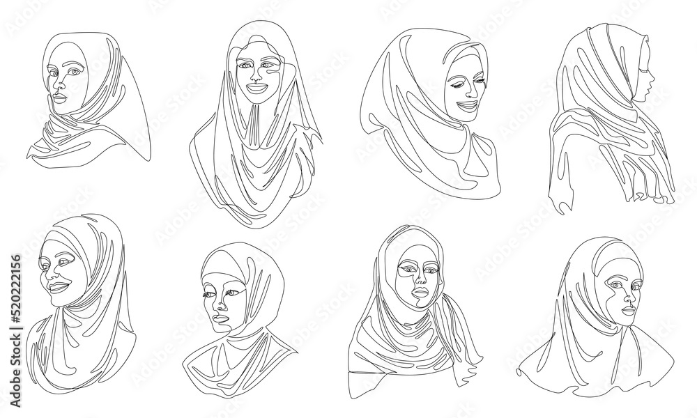 Collection. Girl head silhouettes. Lady in hijab, scarf, arabic muslim headdress, headscarf. Female face in modern single line style. Solid line, sticker outline, logo. Vector illustration set. Collection. Girl head silhouettes. Lady in hijab, scarf, arabic muslim headdress, headscarf. Female face in modern single line style. Solid line, sticker outline, logo. Vector illustration set.