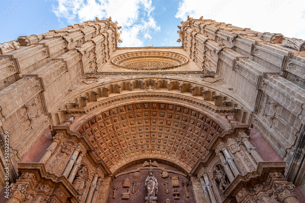 Palma de Mallorca, Spain. Detail of the Portal Mayor facade of the Gothic Cathedral of Santa Maria