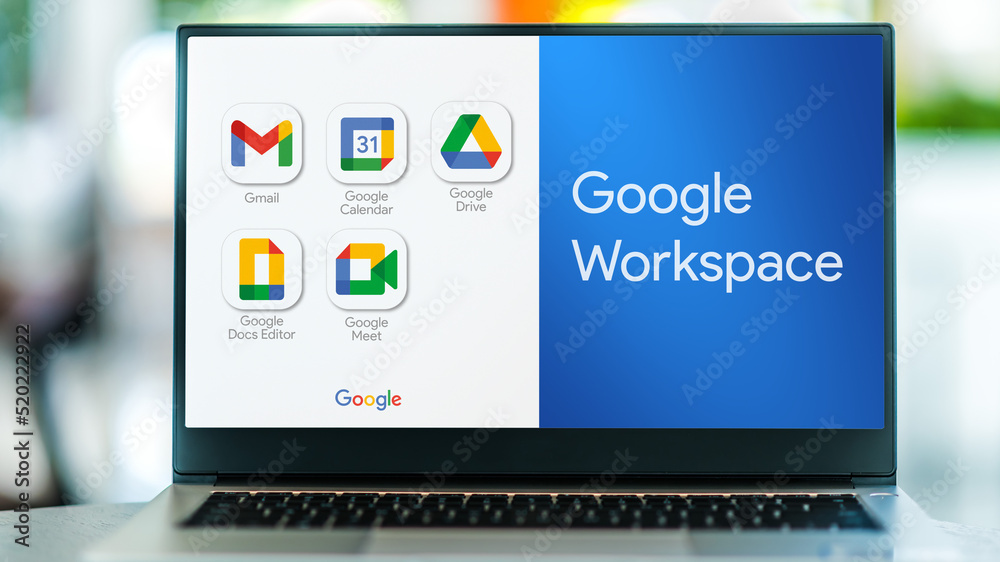 Laptop computer displaying logo of Google Workspace Stock Photo Adobe Stock