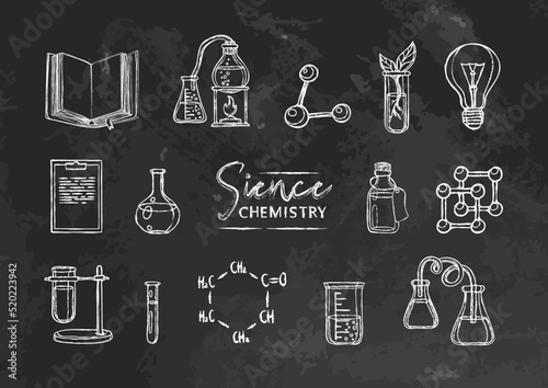 Vector set collection with elements of Chemistry science, chalk style on black board. Chalk doodles on textured chalkboard. Back to school and college supples. Isolated. 