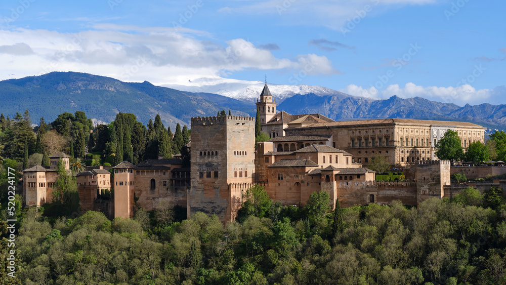 View over a ancient fortress towards snow covered Sierra Nevada at Granada, Spain