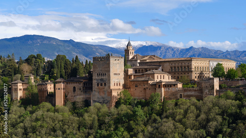 View over a ancient fortress towards snow covered Sierra Nevada at Granada, Spain