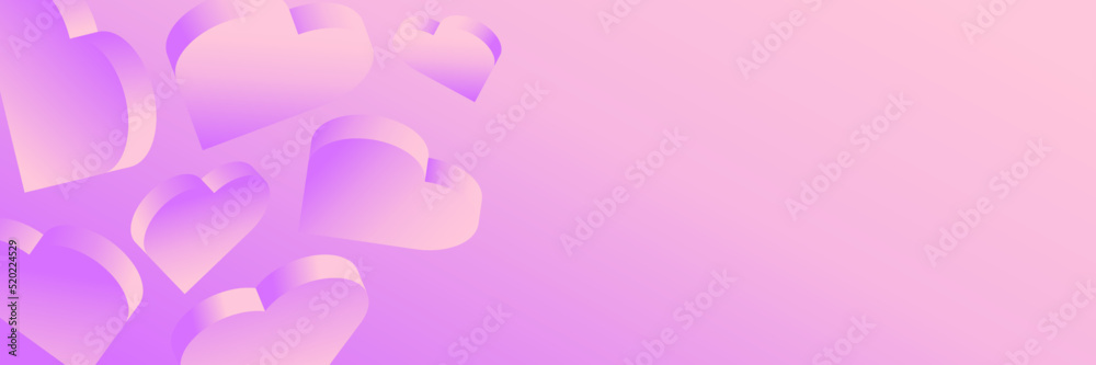 Horizontal banner with 3D isometric pink hearts. Place for text. Happy Valentine's day marketing template with pink gradient.
