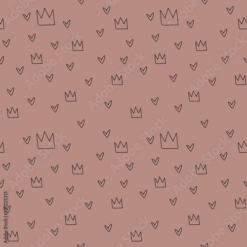 Hand drawn seamless pattern with doodle crowns. Cute baby and little princess design. Children's room wallpaper and clothes texture.