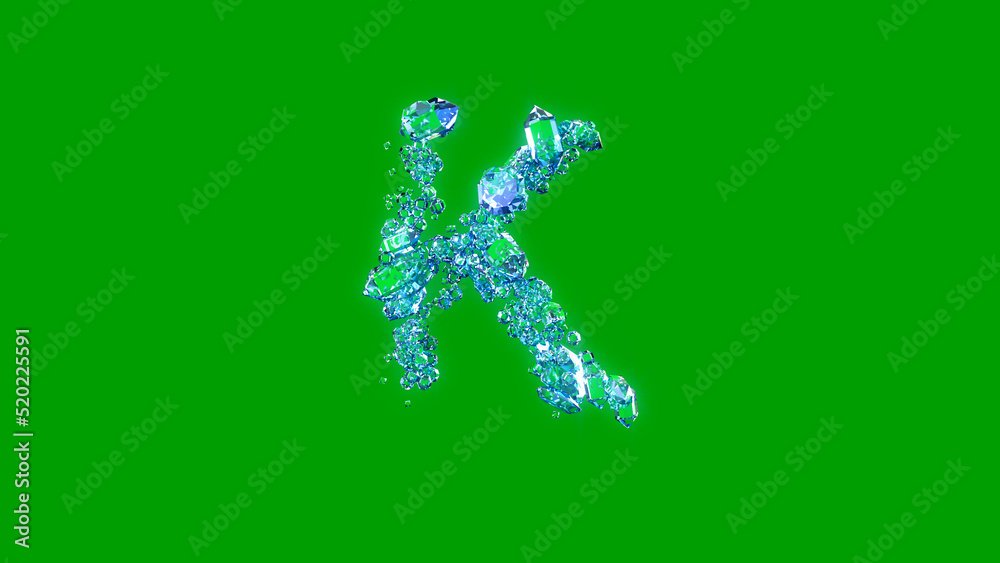 nice blue finest diamonds alphabet - letter K, isolated - object 3D illustration