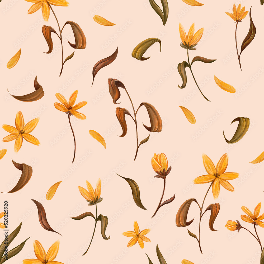 Seamless pattern of a hand oil-style drawed yellow flowers and brown stems, leaves and petals on a biege background