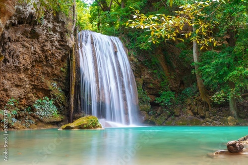 Erawan Waterfall with blue water beautiful nature in Thailand © i am way