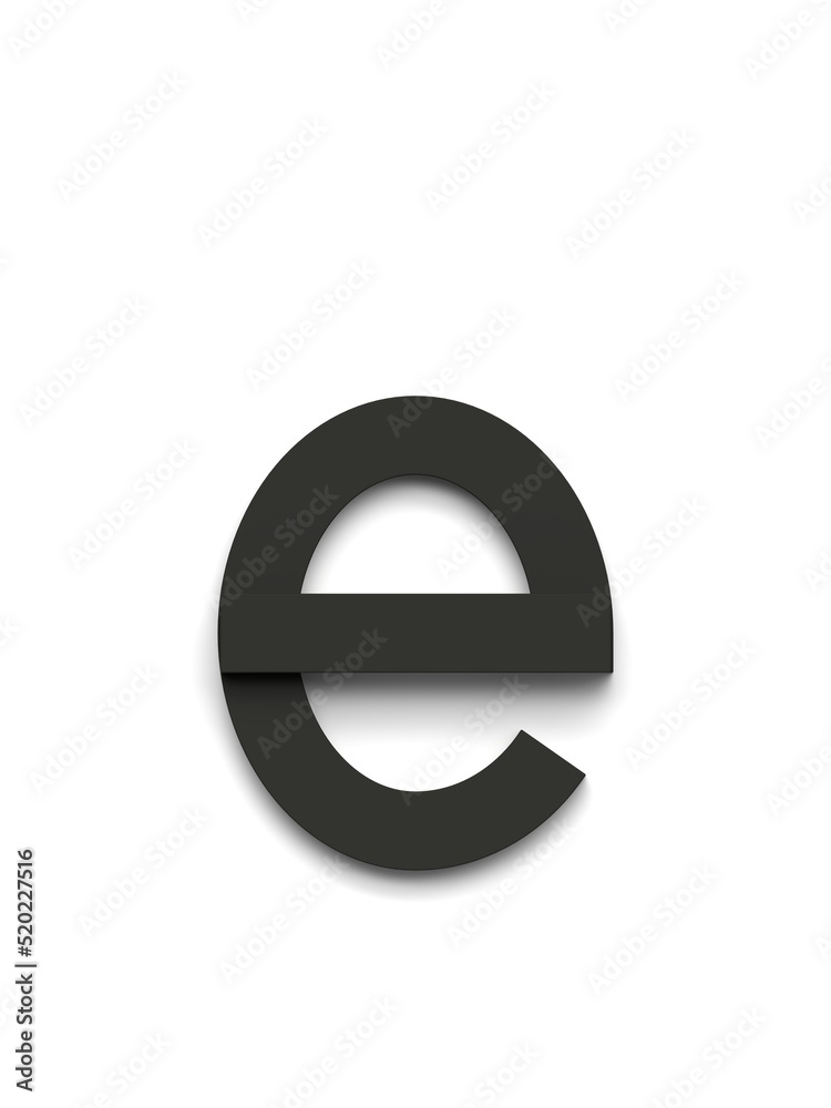 Small letter e made of several black simple geometric shapes lying on top of each other with 3D effect and shadows on white background, 3d rendering