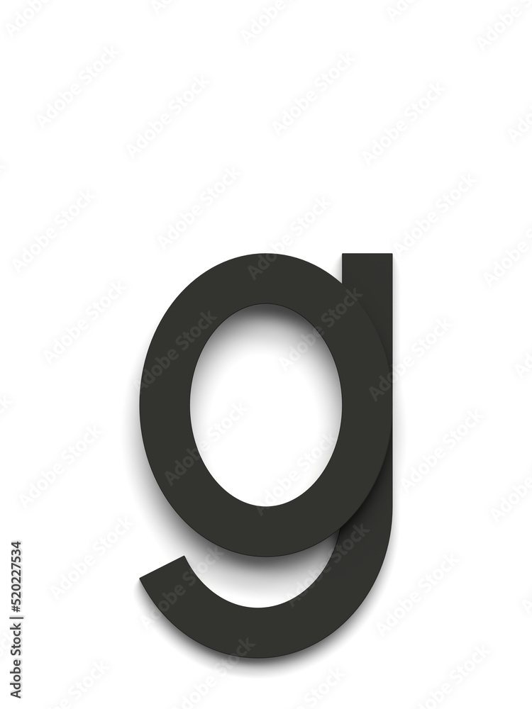 Small letter g made of several black simple geometric shapes lying on top of each other with 3D effect and shadows on white background, 3d rendering Small letter g made of several black simple geometric shapes lying on top of each other with 3D effect and shadows on white background, 3d rendering