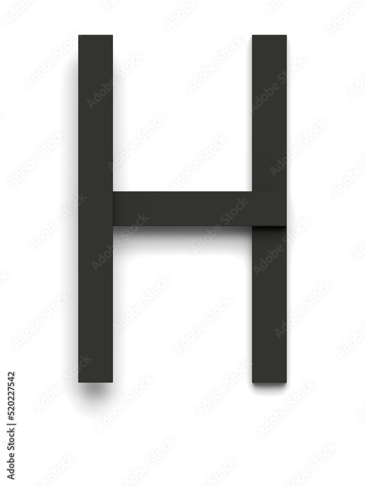 Letter H made of several black simple geometric shapes lying on top of each other with 3D effect and shadows on white background, 3d rendering Letter H made of several black simple geometric shapes lying on top of each other with 3D effect and shadows on white background, 3d rendering
