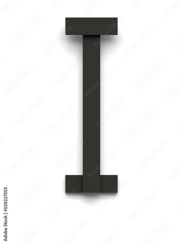 Letter I made of several black simple geometric shapes lying on top of each other with 3D effect and shadows on white background, 3d rendering Letter I made of several black simple geometric shapes lying on top of each other with 3D effect and shadows on white background, 3d rendering