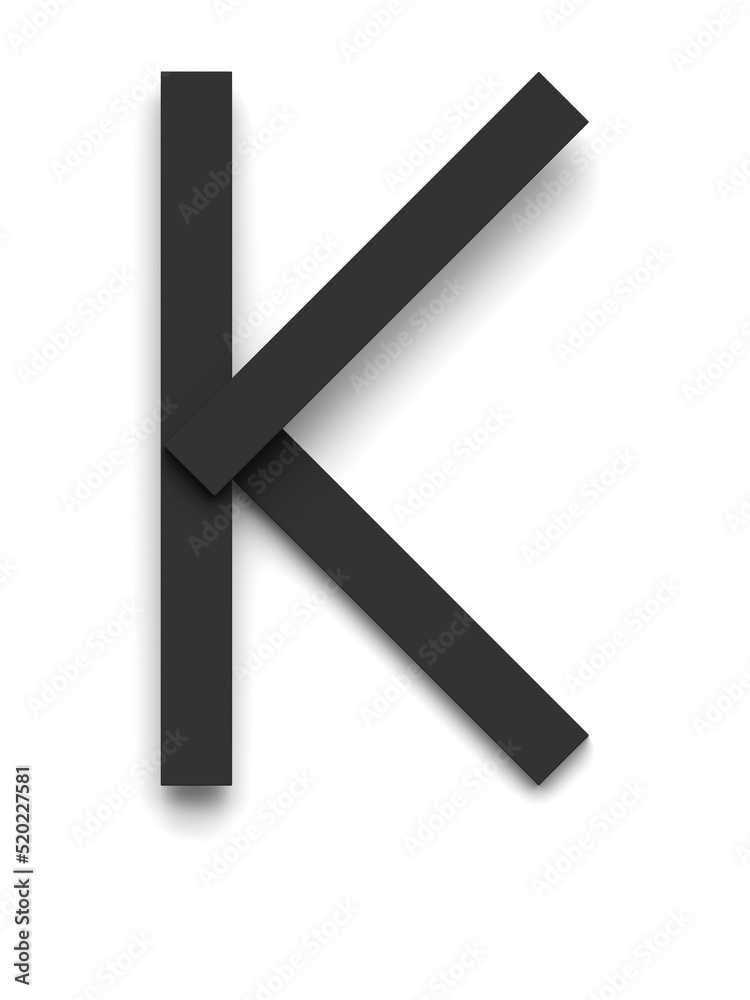 Letter K made of several black simple geometric shapes lying on top of each other with 3D effect and shadows on white background, 3d rendering Letter K made of several black simple geometric shapes lying on top of each other with 3D effect and shadows on white background, 3d rendering