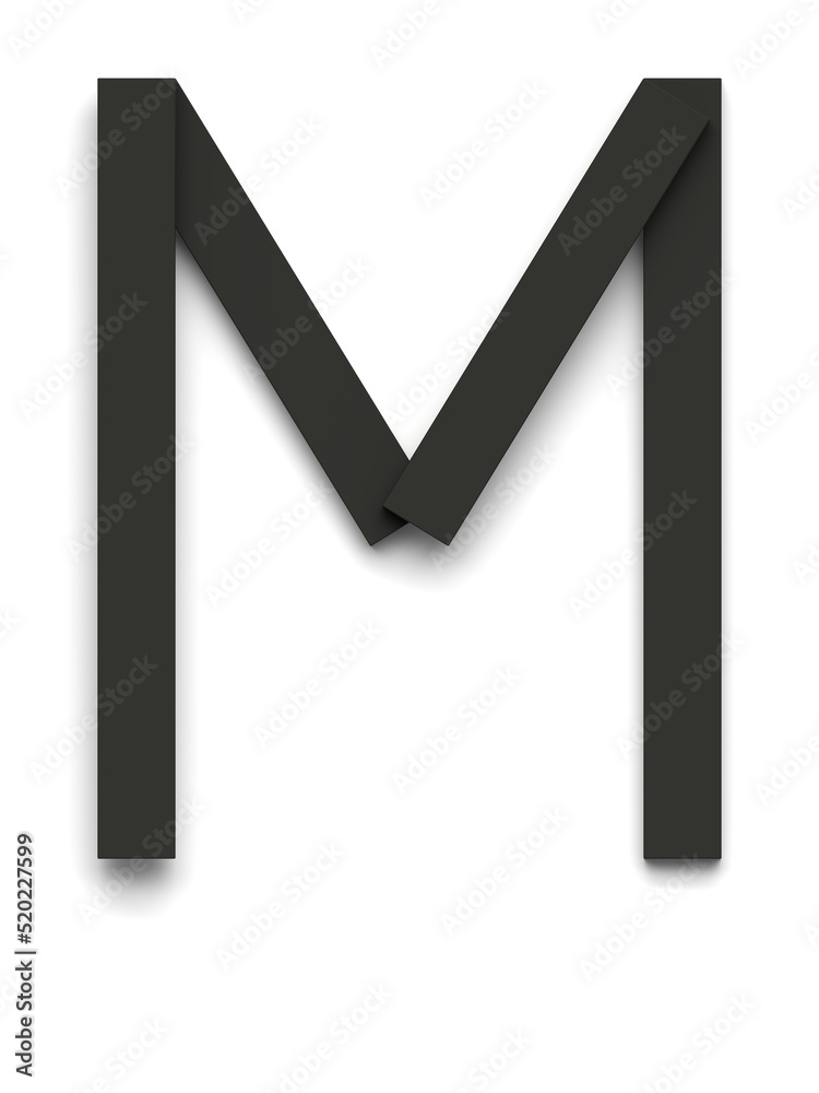 Letter M made of several black simple geometric shapes lying on top of each other with 3D effect and shadows on white background, 3d rendering Letter M made of several black simple geometric shapes lying on top of each other with 3D effect and shadows on white background, 3d rendering