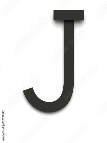 Letter J made of several black simple geometric shapes lying on top of each other with 3D effect and shadows on white background, 3d rendering