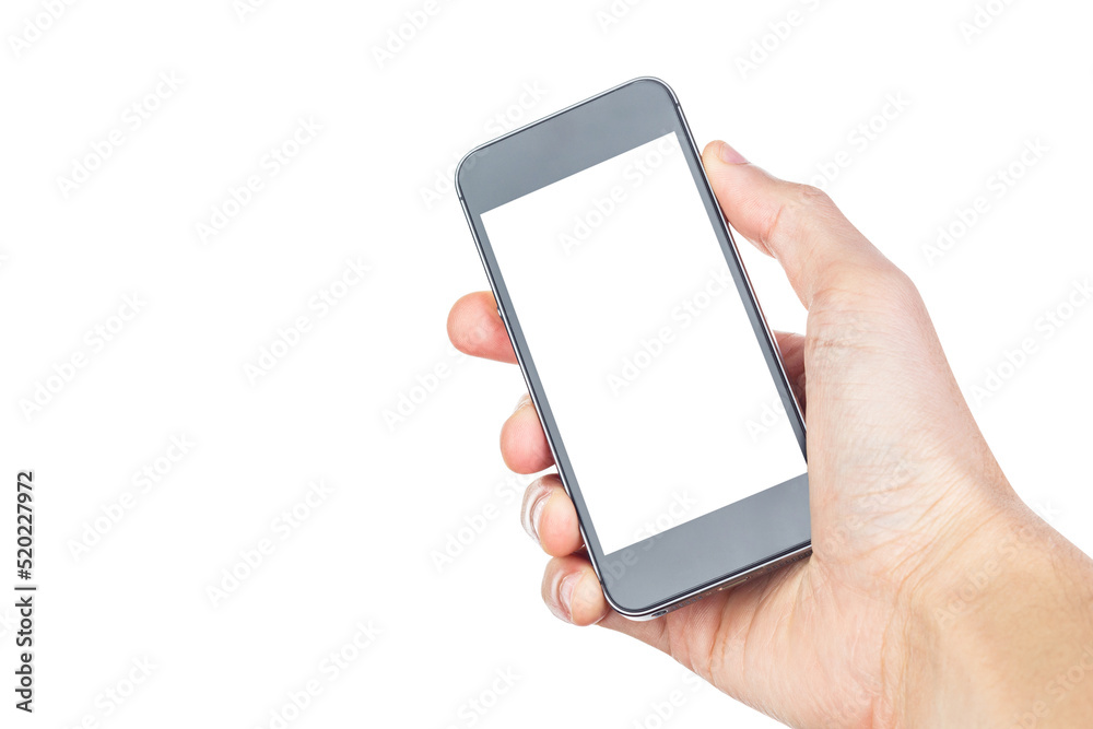 Hand holding black smartphone isolated on white background, clipping path