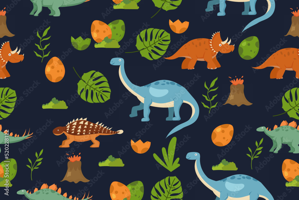 Seamless pattern with dinosaurs volcanoes and tropical plants Wild animal illustration for kids. Vector illustration design for fashion fabrics, textile graphics, prints. Seamless pattern with dinosaurs volcanoes and tropical plants Wild animal illustration for kids. Vector illustration design for fashion fabrics, textile graphics, prints.