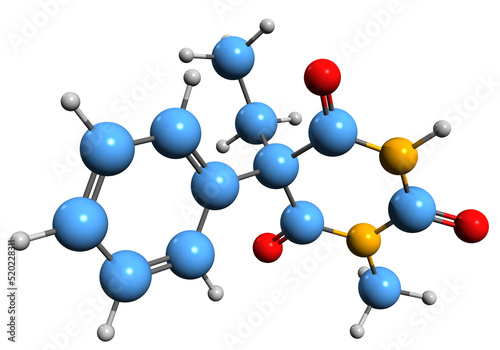 3D image of phenobarbital skeletal formula - molecular chemical structure of phenobarbitone isolated on white background
 photo