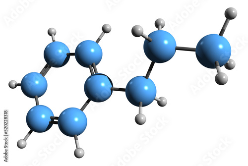 3D image of propylbenzene skeletal formula - molecular chemical structure of aromatic hydrocarbon C6H5CH2CH2CH3 isolated on white background
 photo