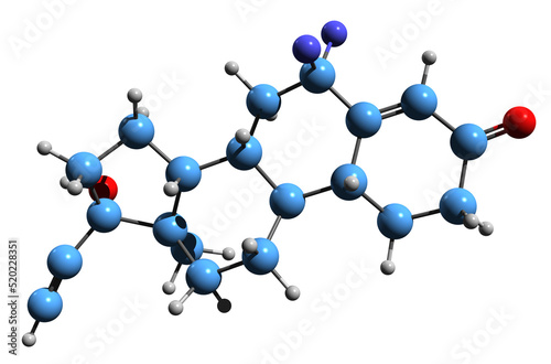  3D image of Difluoronorethisterone skeletal formula - molecular chemical structure of  steroidal progestin isolated on white background
 photo
