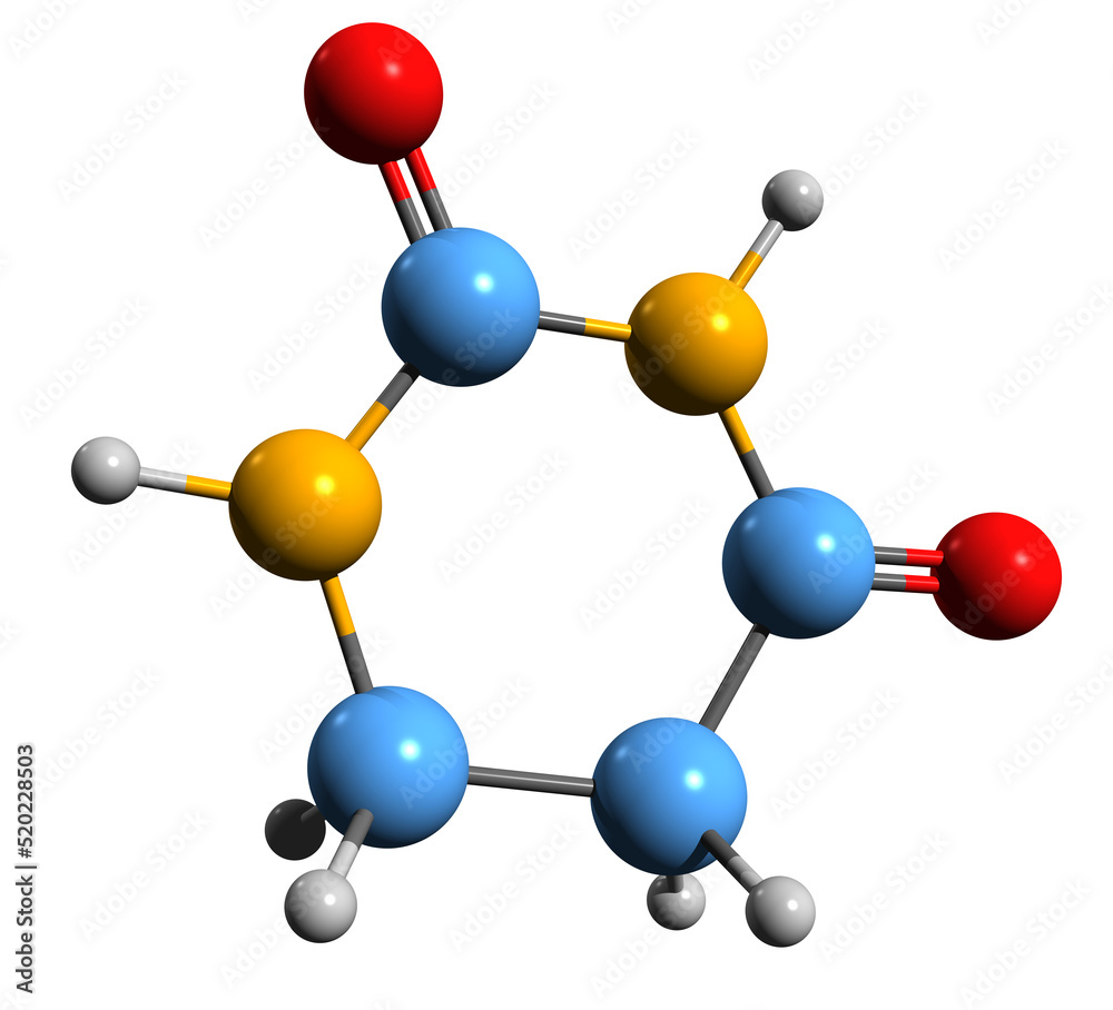 3D image of Dihydrouracil skeletal formula - molecular chemical structure of uracil intermediate isolated on white background
3D image of Dihydrouracil skeletal formula - molecular chemical structure of uracil intermediate isolated on white background