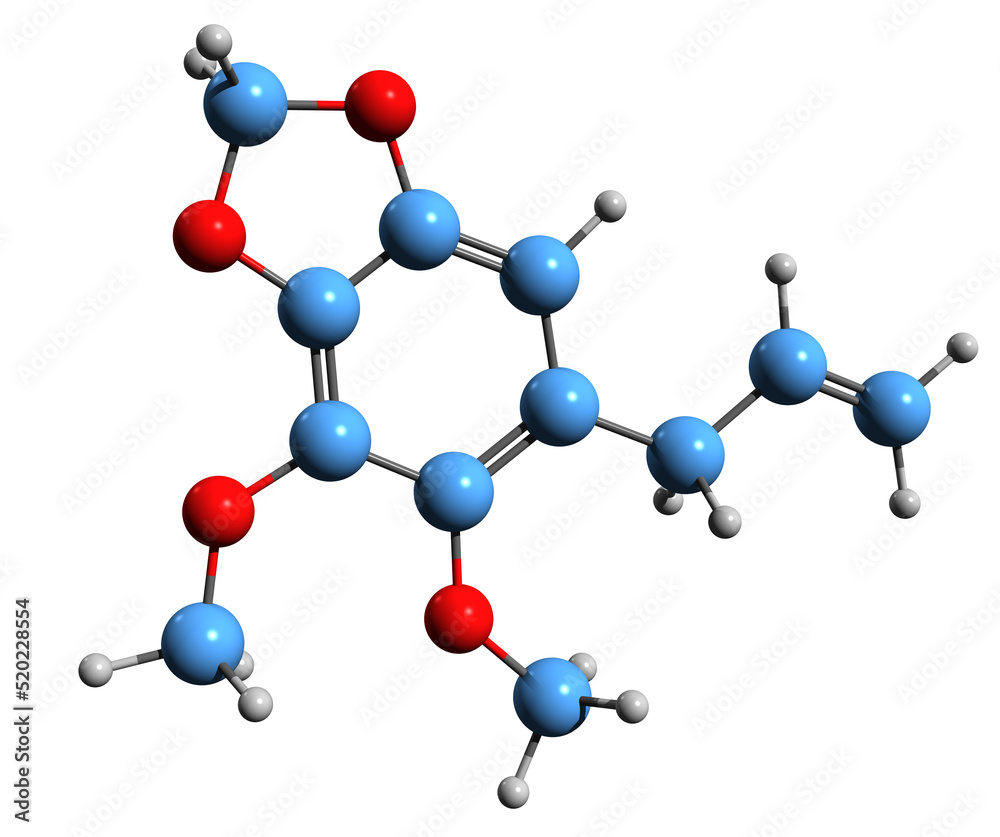 3D image of Dillapiole skeletal formula - molecular chemical structure of dill essential oil isolated on white background
