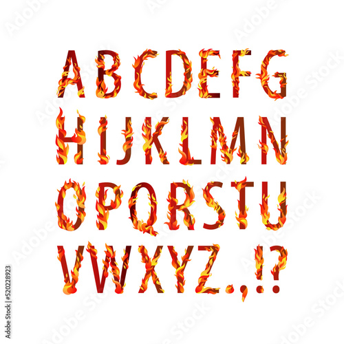 Vector burning alphabet. Letters with flaming fire