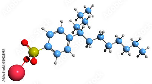 3D image of Sodium Dodecyl benzenesulfonate skeletal formula - molecular chemical structure of Alkylbenzene sulfonate isolated on white background

 photo
