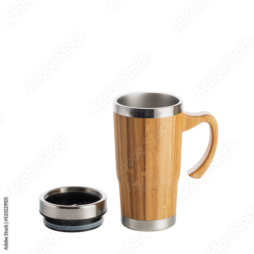 thermo bamboo metal mug with a cap isolated on white background photo