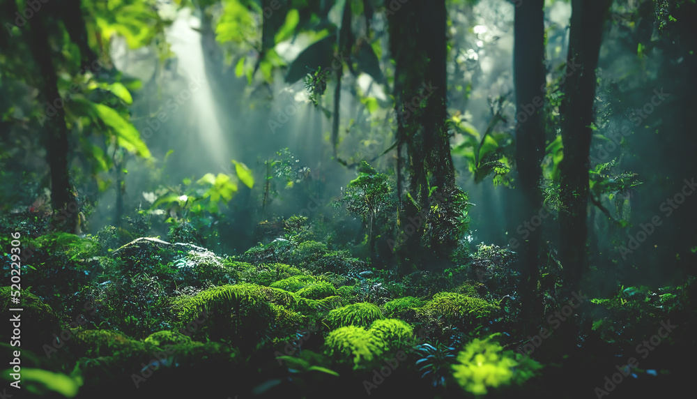 Obraz premium Exotic foggy forest. Jungle panorama, forest oasis. Foggy dark forest. Natural forest landscape. 3D illustration.