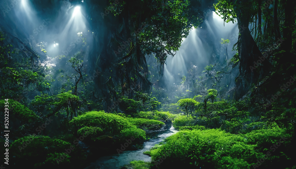 Leinwandbild Motiv - MiaStendal : Exotic foggy forest. Jungle panorama, forest oasis. Foggy dark forest. Natural forest landscape. 3D illustration.