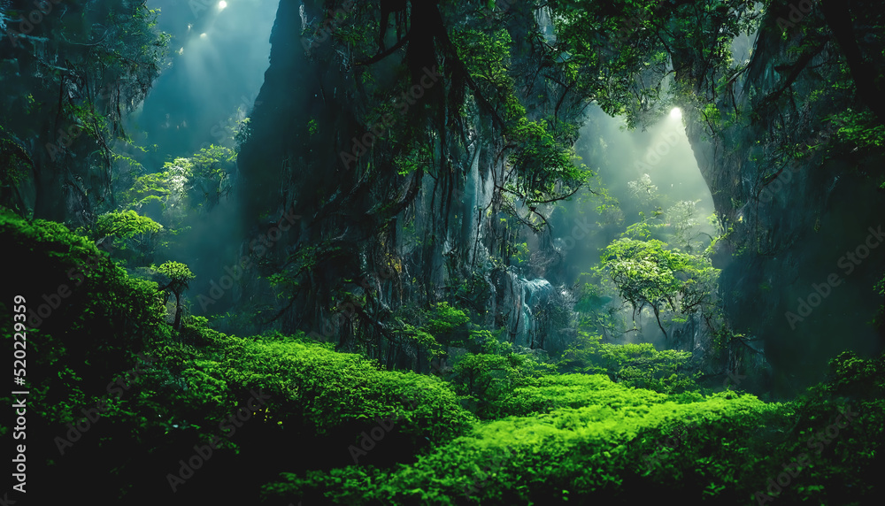 Exotic foggy forest. Jungle panorama, forest oasis. Foggy dark forest. Natural forest landscape. 3D illustration. Exotic foggy forest. Jungle panorama, forest oasis. Foggy dark forest. Natural forest landscape. 3D illustration.
