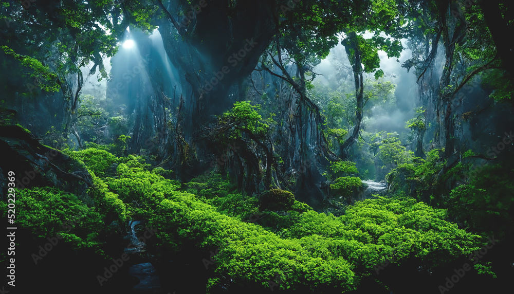 Exotic foggy forest. Jungle panorama, forest oasis. Foggy dark
