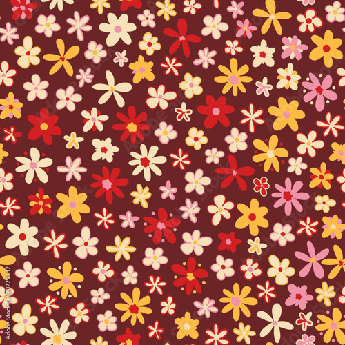 Retro flower power seamless repeat pattern. Random placed  vector ditsy daisy all over surface print on dark red background.