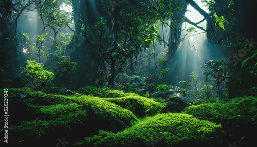 Exotic foggy forest. Jungle panorama, forest oasis. Foggy dark forest. Natural forest landscape. 3D illustration. photo