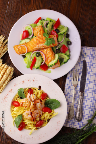 delicious seafood and salmon and lettuce dishes