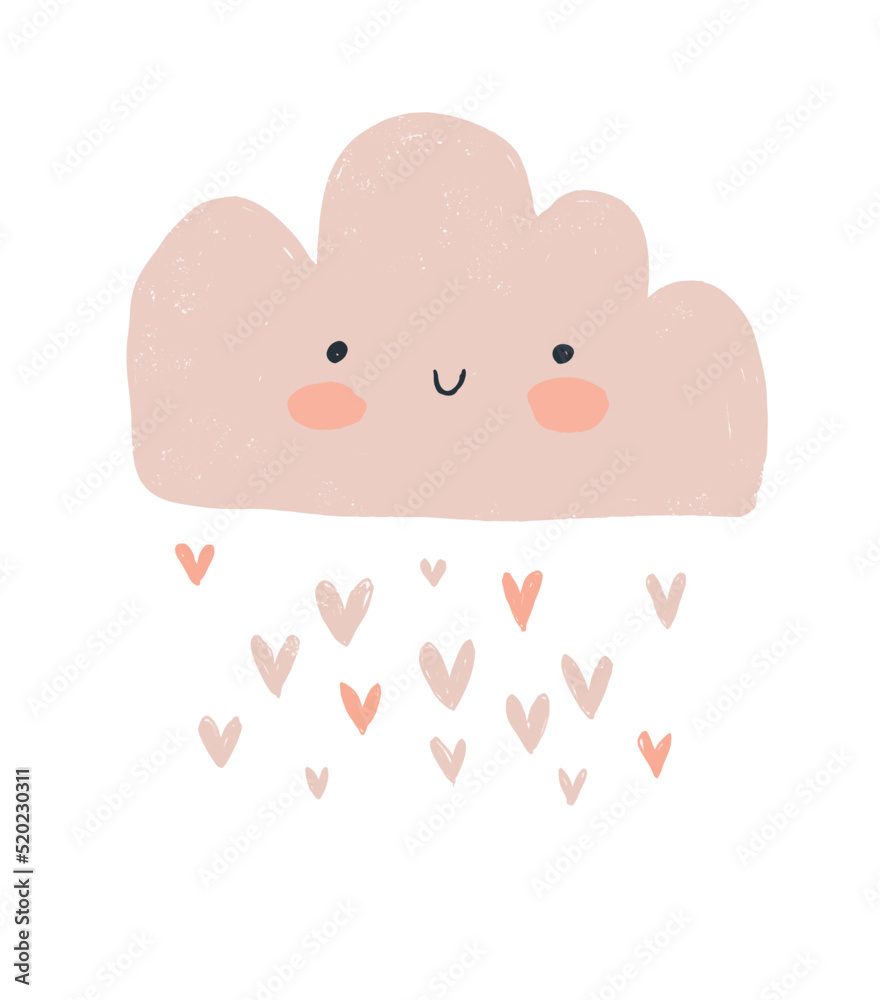 Cute Hand Drawn Nursery Art with Pink Fluffy Cloud and Rain of Hearts on a White Background. Sweet Baby Shower Vector Illustration with Kawaii Style Smiling Cloud ideal for Card, Wall Art, Poster. Cute Hand Drawn Nursery Art with Pink Fluffy Cloud and Rain of Hearts on a White Background. Sweet Baby Shower Vector Illustration with Kawaii Style Smiling Cloud ideal for Card, Wall Art, Poster.