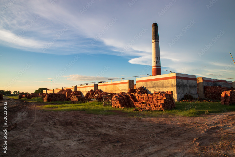 Brickfield View of the Evening Sunlight under the White Cloudy Blue sky