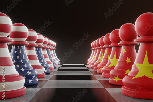 Rows of pawns printed with national flags of USA and China opposing each other on chessboard. 3D illustration of the conflict and competition between the USA and China photo