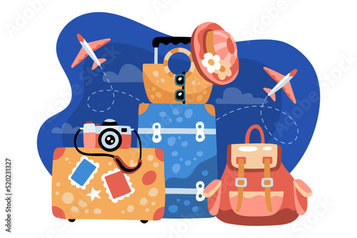 Touristic spot illustration or concept with various luggage, camera, planes and travel themed objects