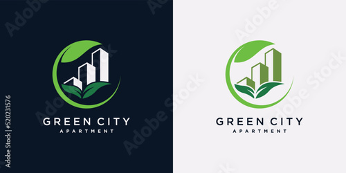 Green city building logo design template with leaf element and creative concept