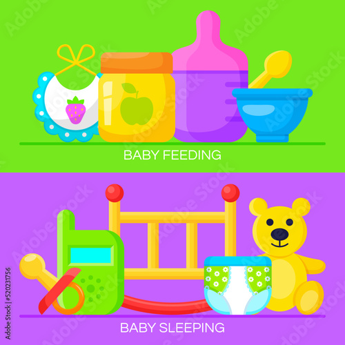 Newborn babies care and feeding banners. Vector illustration