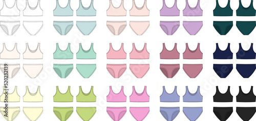 Set of bra and knickers technical sketch. Two-piece swimsuit collection. Women's underwear design templat.