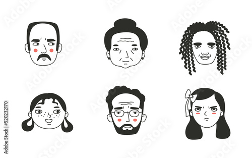 Set of different people s faces, human avatars collection. Different emotions, portrait with a positive facial expression.